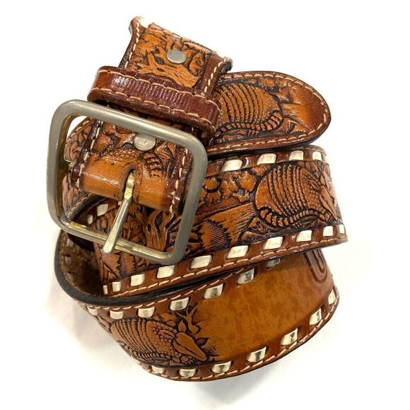FORT WORTH LEATHER Armadillo Hand Tooled Belt - Picture 1 of 8